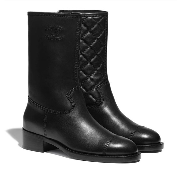 Chanel 21P Black Calfskin Leather CC Logo Quilted Zipper Mid Calf Boots 36.5 - Picture 1 of 12